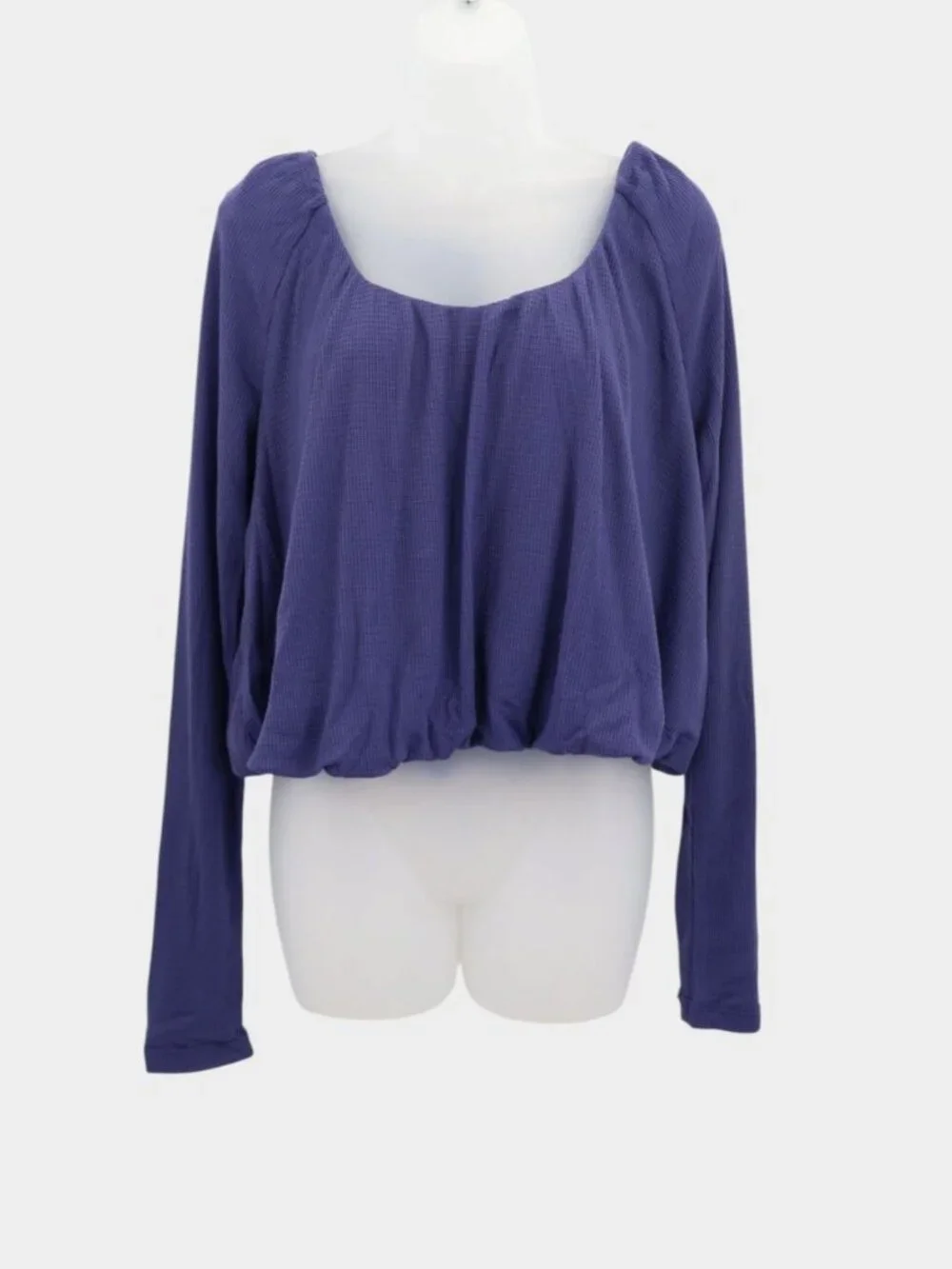 Free People Bondi M Thermal Waffle Knit Crop Top Long Sleeve Scoop Neck Blue NWT